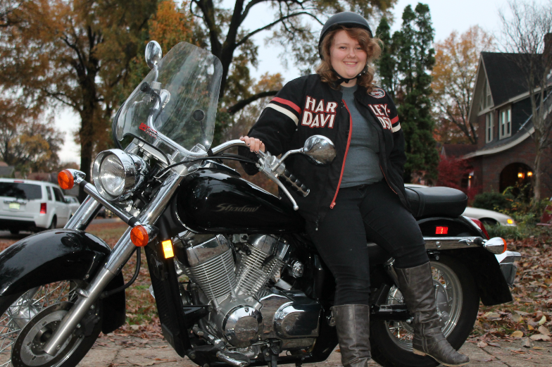Sydney Shelby on her motorcycle