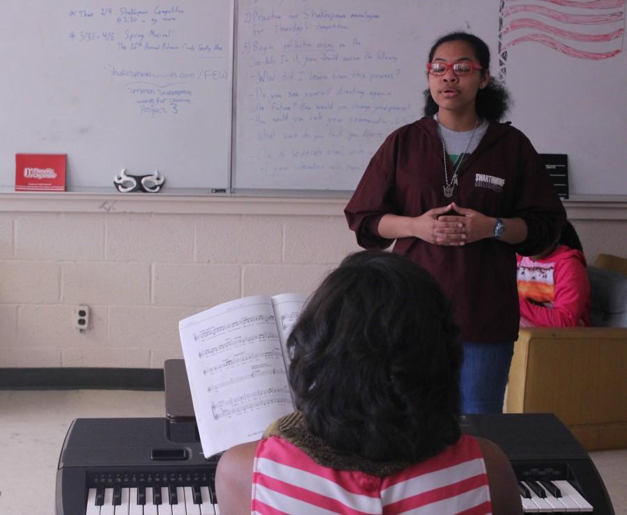 Gina Goosby rehearses the song “My Friend The Dictionary” with Ms. Williams.