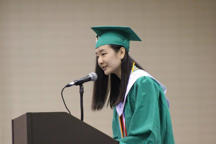 Gyuri Han, class of 2016s valedictorian, gives her valedictory at the graduation ceremony.