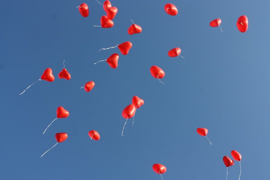 Heart balloons in the air to celebrate Valentine’s Day