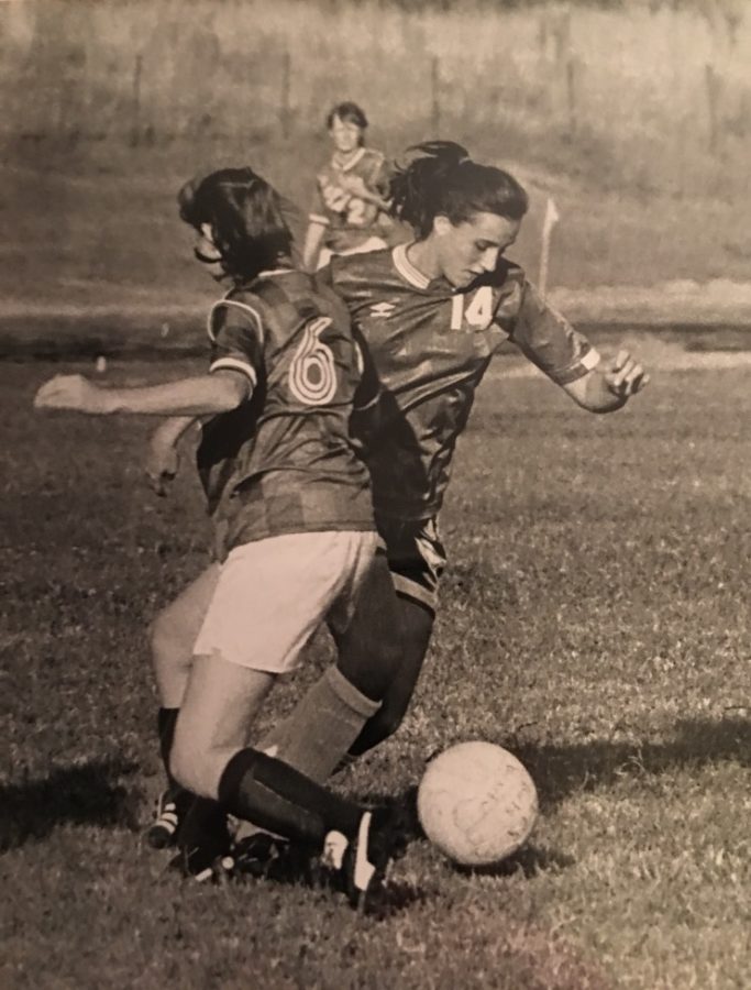 #14 on the WSHS girls soccer team, Shelby Rose plays against ECS in 1992, fall of her senior year. 