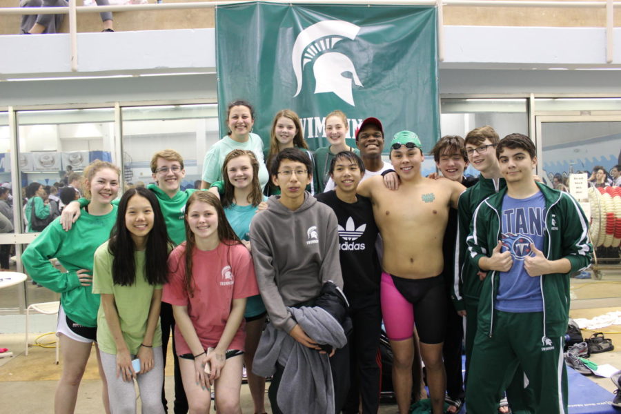 The Spartan swim team posing for a picture after the Shelby County meet where they came in seventh place as a team.