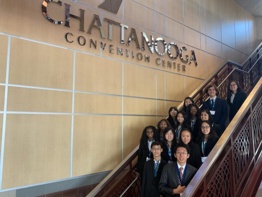 The+HOSA+club+stands+in+the+staircase+at+the+Chattanooga+Convention+Center.+This+was+their+first+time+going+to+state+and+they+won+several+awards.