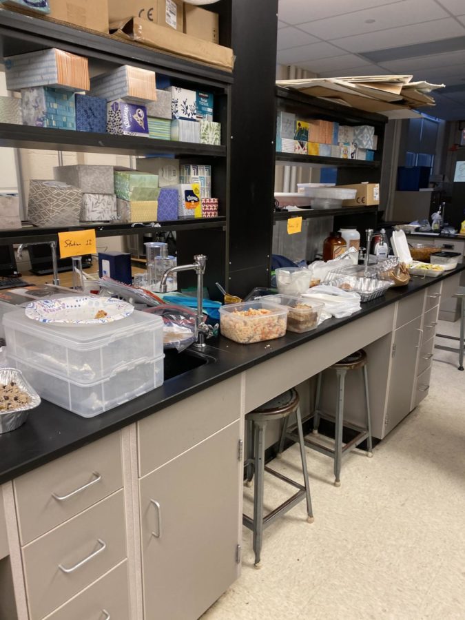 A wide array of food sits on the counter of the AP Chemistry stations during a Chemistry in the Kitchen on Nov. 21, 2019. The counters are topped with complex chemical compounds like any lab, although the products of the reactions are edible and delicious. 