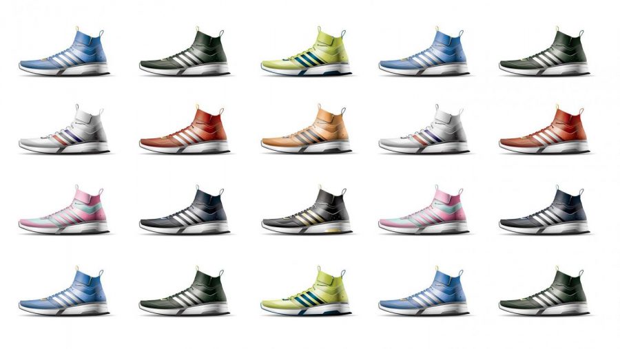 The picture shows some examples of previous shoes designed from the Cornell Shoe Design Competition. 