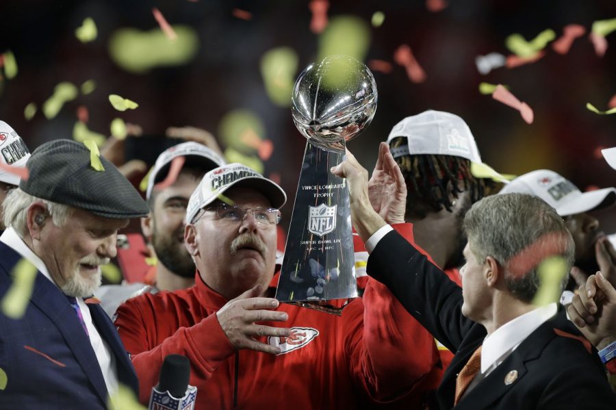 Coach Andy Reid receives the Lombardi trophy. Reid led the Chiefs to their first Super Bowl title since Super Bowl IV. 