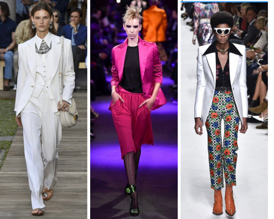 Models from the Tom Ford and Pacco Rabanne runway wear elements taken from different eras, including 80s disco collars and 70s oversized suits. While incorporating old elements, the looks evolve by making the looks gender neutral and adding neon colors. 
