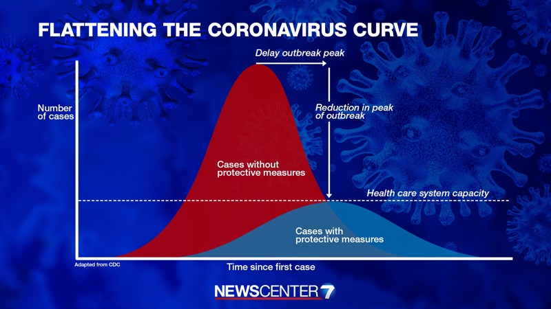 This graph details the two possible curves COVID-19 could have. The red curve is the result of no preventive measures being taken. The blue curve is with. 