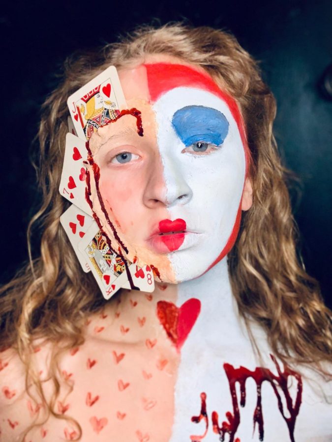 Streaked with blood and dotted with hearts, Johnnie Walton dubs this whimsically gory look “Queen of Hearts Mix.” Walton uses a variety of supplies like liquid latex, stage blood, cream paints and brushes to create her SFX designs. 