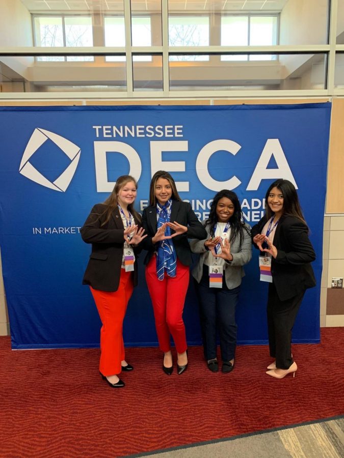 Allie Mascolo (12), Lillian Gomez (12), Gaby Brown (12) and Marleny Granados-Diaz (12) compete in the 2020 DECA competition. Because of COVID-19,  2021 participants will compete in the  competitions online. 
