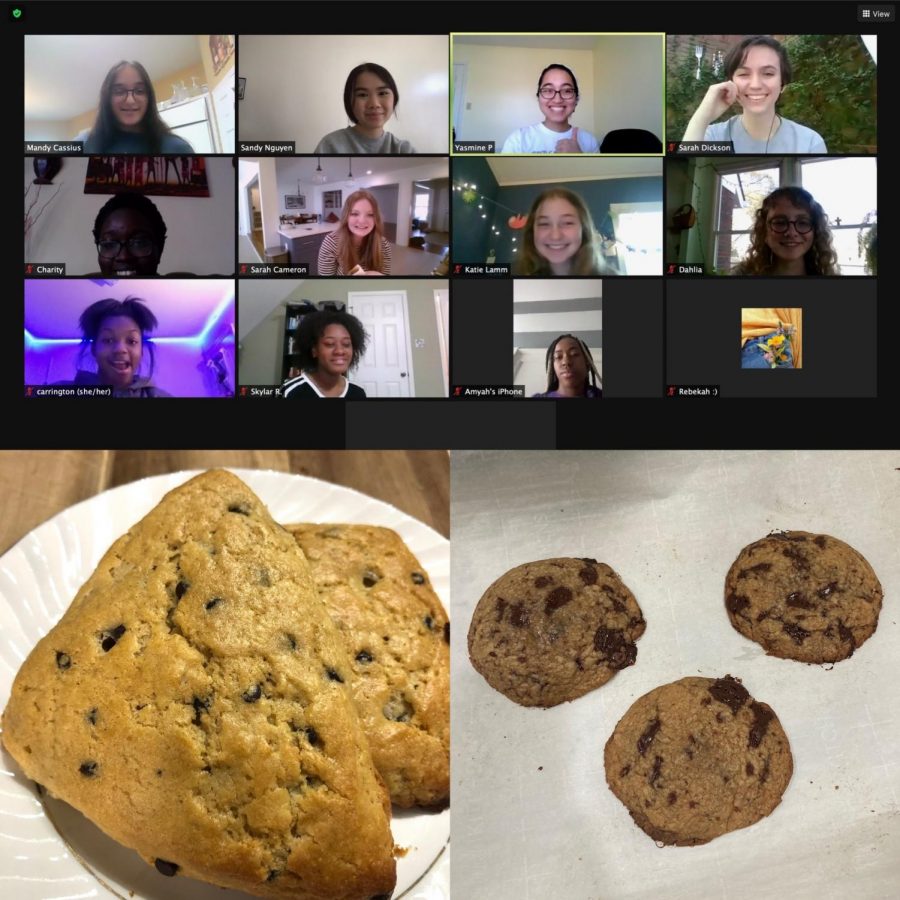  Girl Up club members smile and eat cookies on their zoom call regarding current events. In the “Cookies and Current Events” meeting club members discussed women’s safety while baking cookies. 