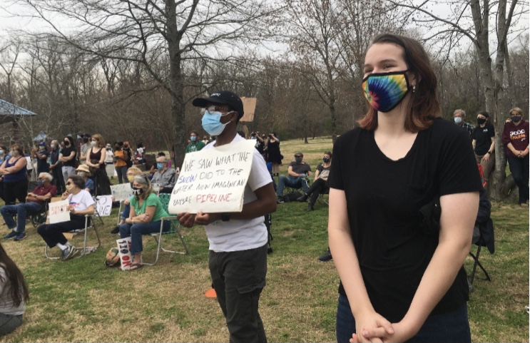 Student protestors William Smith (12)  and Ellen Barnes (12) engaged at a protest on March 14, in attendance with figures such as Al Gore. Their sign detailed the slogan, “We saw what the snow did to the water. Now imagine an entire pipeline.”
