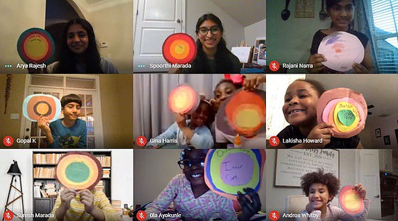 Arya Rajesh (first row, first box) and Spoorthi Marada (first row, second box)  join several other elementary students in a group project of creating a demonstration for the layers of the Earth with construction paper as part of their geology lesson. The course lasts for 12-16 weeks with lessons and experiments throughout the course to summarize topics. 