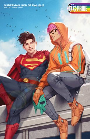 In the variant cover for “Superman: Son of Kal-El” #5, Jon Kent (left) glances toward Jay Nakamura (right) as the two share a moment alone on a rooftop. Kent saved the life of budding activist and journalist Nakamura during an attempted college campus shooting, which initiated the friendship and eventual romance between the pair.