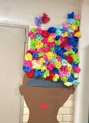 An image of Frida Kahlo can be found outside of Leslie Thornton’s Spanish class. Students were assigned the task of creating multicolored paper flowers, a popular Mexican practice.