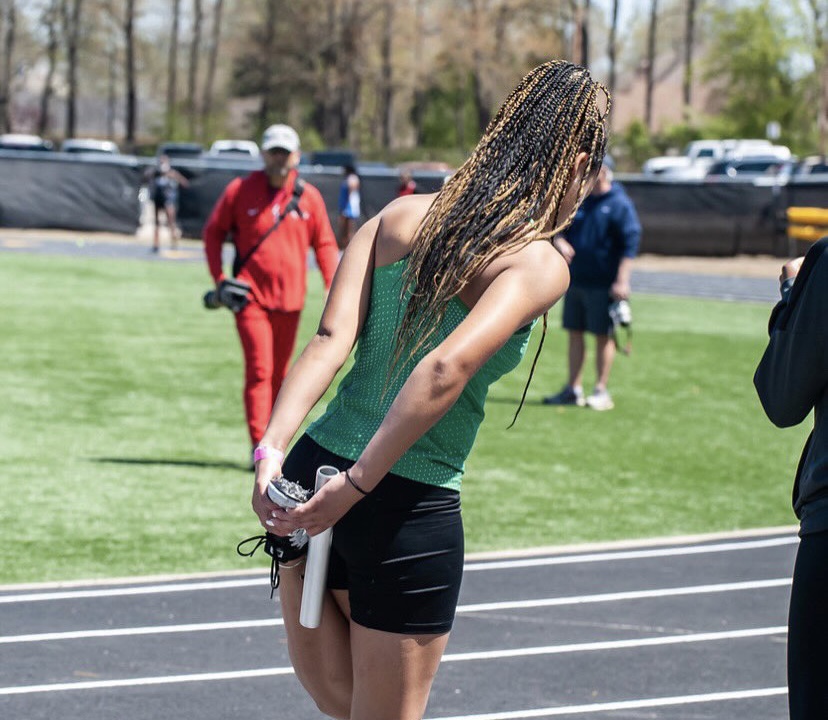 Alyssa Winston (12) gets ready to run in her meet with Houston High School on April 9, 2022. She placed third for the 300-meter hurdles. 