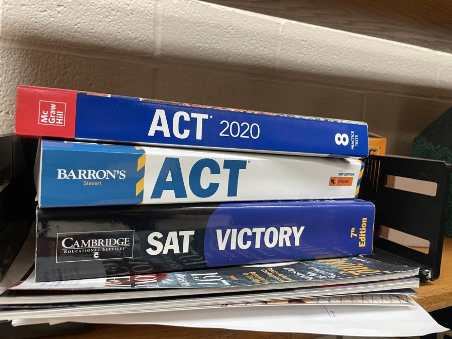 Part+of+the+library%E2%80%99s+expansive+ACT%2FSAT+book+collection+that+can+help+test+takers+study+before+their+test.+