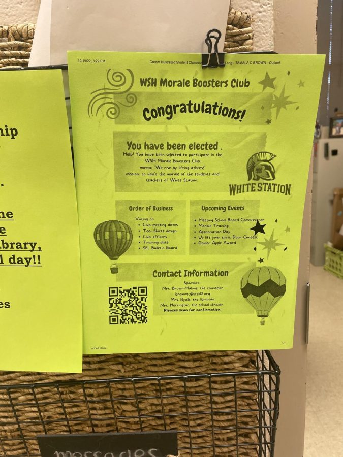 Outside of school counselor Tamala Brown-Malone’s office hangs a flier for her new club — the Morale Boosters Club. The flier was designed by Brown-Malone and founding member Akaia Bobo (12), who drew the hot air balloons as an ode to the club’s motto: “we rise by lifting others.” 
