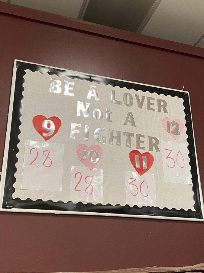 The fight counter with the title, “BE A LOVER NOT A FIGHTER” oversees the students walking in and out of the cafeteria. The counter hopes to motivate students to avoid starting fights with other students.