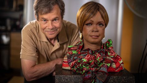  Alan Lightman poses with Bina48, the world’s most advanced artificial intelligence robot. Lightman and Bina48 discussed the ethical boundaries of artificial intelligence.