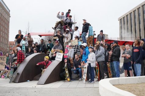 Skateboarders gather at the MLK Memorial in Memphis. They skated around the plaza in remembrance of Tyre Nichols’s long time love for the sport. 
