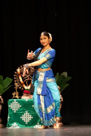 Spoorthi Marada (12) dons a blue dance costume for a kuchipudi recital on Feb. 26, 2023. While Marada has performed in recitals like this multiple times already, the rangapravesam will still serve as a monumental event.
