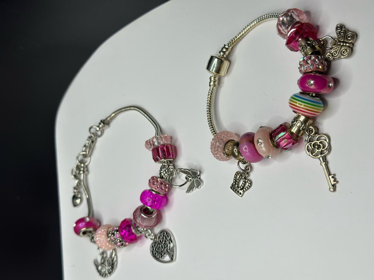 Christina Townsend (11) displays her custom pink charm bracelets. Townsend has been designing charm bracelets and press-on nail sets for her business, Tips By Teana, since December 2022.