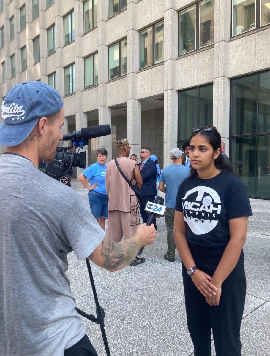 Ira Sharma (12) gets interviewed by ABC24 News after a protest against gun violence. She continued to inform the public on gun violence prevention. 