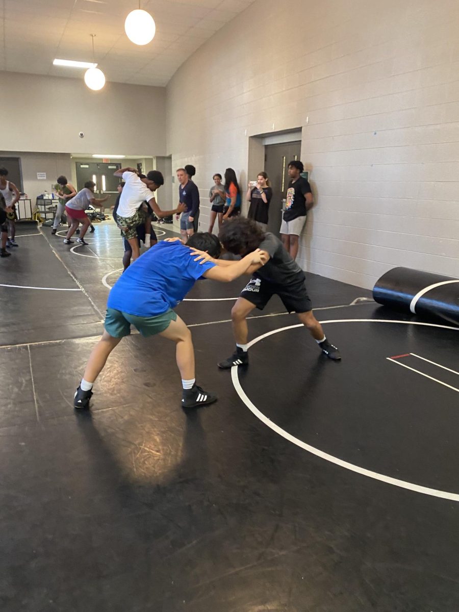 Joseph Lei (11) and Malcolm Summerville (10) practice their holds on each other. In practice, wrestlers worked on their holds, pins, takedowns and sprawls.