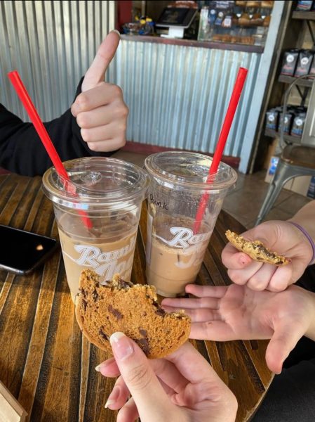 Elizabeth Nguyen (9) and friends enjoy a visit to Ramblin’ Joe’s after school. Her go to order is an iced caramel macchiato and chocolate chip cookie.  