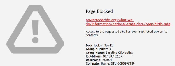 A blocked page warning shown on a Memphis Shelby County School’s devices because it involves sexual education. The blocked website gives information about teen birth rates from a recognized source about sexual health.
