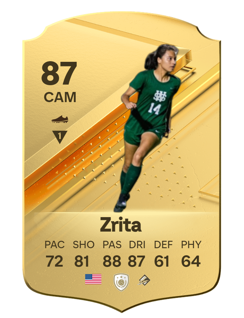 Zrita has been playing soccer for nine years for school and for club Lobos Rush. Balancing soccer with school is a vital part of her life. She plans to play soccer at the collegiate level after high school. Playing as a central attacking midfielder requires a great amount of stamina. Zrita is everywhere on the pitch, moving up with the forward players and dropping back to defend when necessary. Zrita focuses on passing the ball forward and ball control, dribbling past defenders, looking to create goal-scoring opportunities. Zrita focuses on finding those passes to open up the defense, which requires great vision and creativity; similar to her favorite player Luka Modric, another midfielder who plays for Real Madrid in Spain.