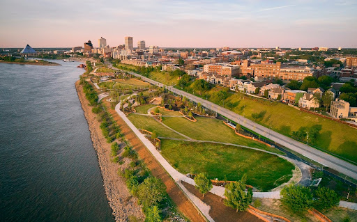 An overhead perspective displays most of Tom Lee Park. The refurbished park opened on Sept. 2, 2023 along the banks of the Mississippi, serving as a new area for community engagement.