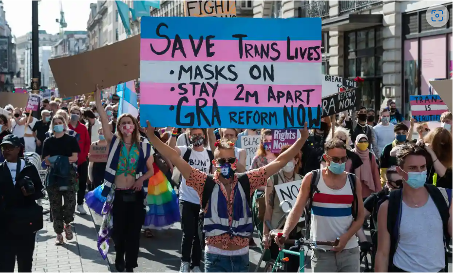 People protest for trans rights in London in September 2020. Many such protests have occurred as the trans community grows more prevalent in society.
