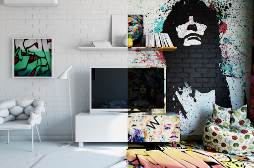  Minimalism, shown on the left, incorporates white shades and simple furniture to display an advanced and expensive look. While maximalism, shown on the right, made use of flashy artistry to create a striking statement. 