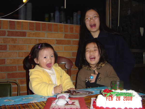 (Left to right, top to bottom) Lena Zeng (12), Yidan Zeng and Lily Zeng celebrate Lena’s second birthday. Lily and Yidan are both older than Lena, three years and 13 years respectively.