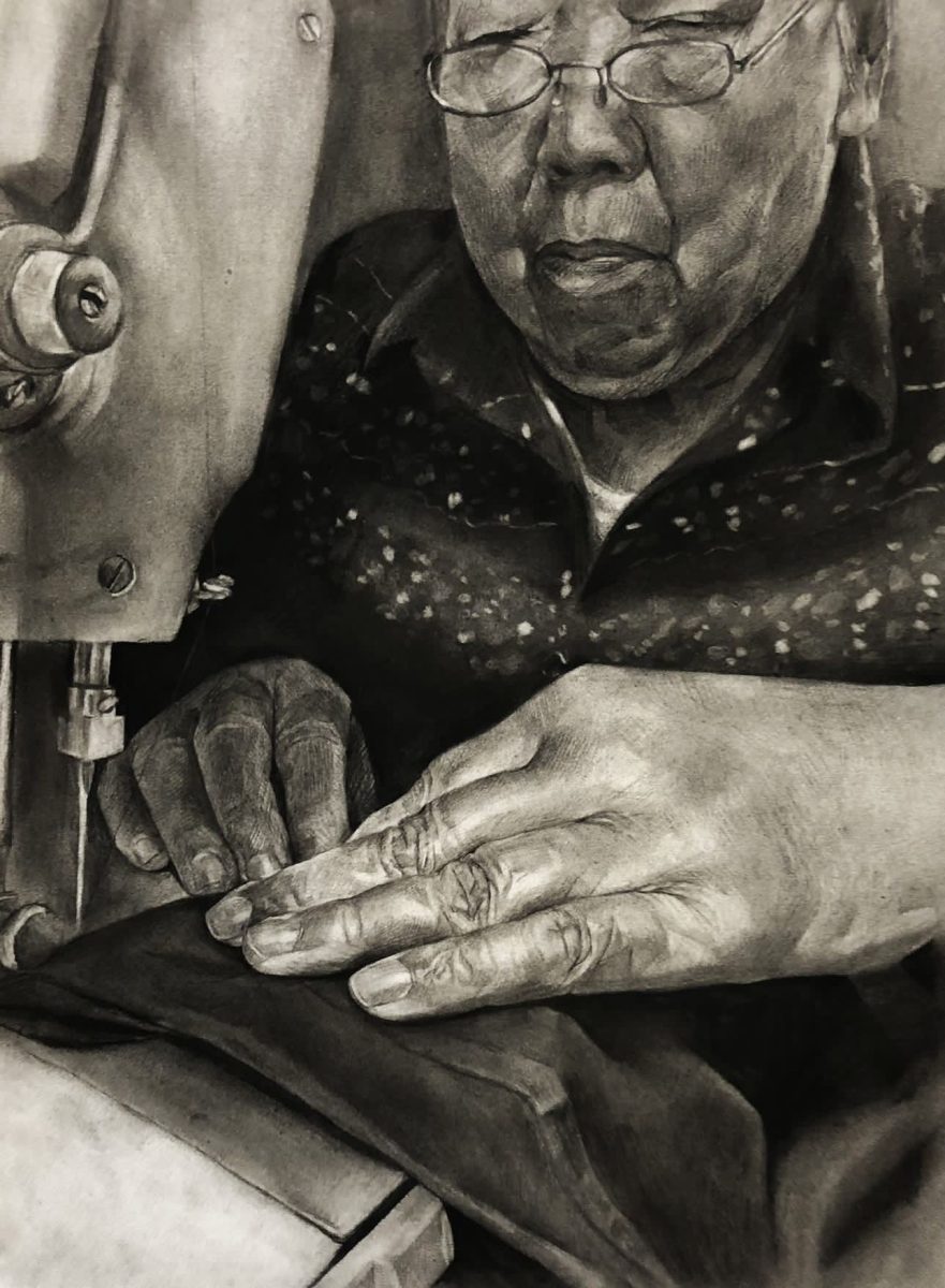 Emily Zhang’s (11) illustration ‘Sewing’ captures the essence of a friend’s grandmother through charcoal materials. After drawing several thumbnail sketches, Zhang believes she exhibited keen detail, contrast, and nuanced portrayal of skin and texture.