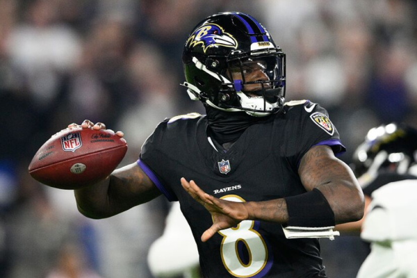Baltimore Ravens player Lamar Jackson passes the ball. Although it is his sixth year in the NFL (National Football League) without a Super Bowl ring, he won the MVP award this year.
