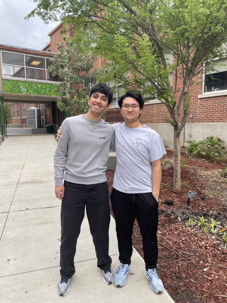Jonathan Mehrotra (12, left) and Michael Wang (12, right) pose for a picture together. Mehrotra and Wang have earned the titles of valedictorian and salutatorian for the class of 2024. 