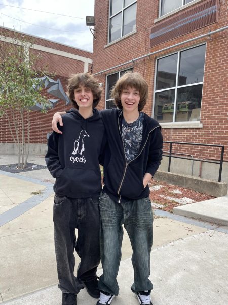 Dylan Nixon (12) (right) and Owen Summers (11) (left) pose in the courtyard wearing similar outfits. The two are often confused because of their similar appearance and taste in fashion.

