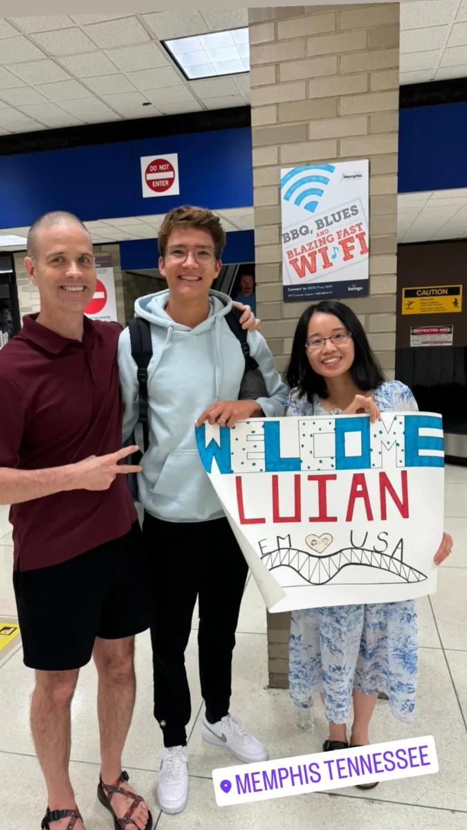 Luian Stiegler (11) (middle) landed at Memphis International Airport on August 22, 2024. Stiegler is staying in Memphis with Benjamin Harris (left) and Chinese teacher Yuan Harris (right) until June 2025.