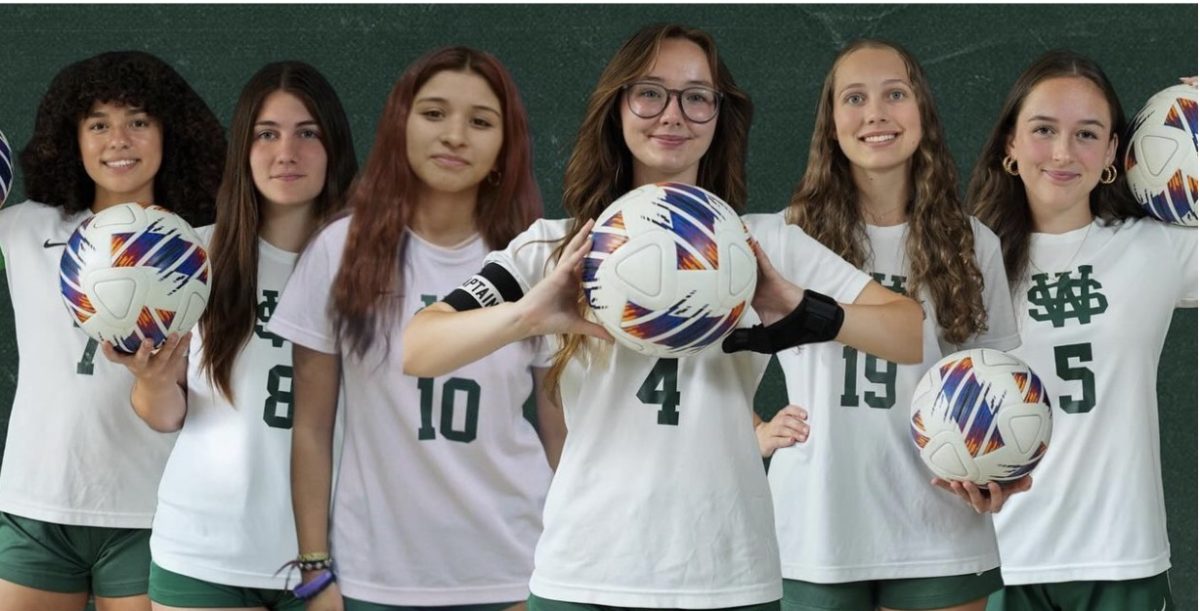 (From left to right) Celeste Cruz (12), Paxson Abney (12), Crystal Trejo (12), Kate Metcalf (12), Adele Thompson (12) and Leighton Melton (12) are all seniors who have been playing for the Lady Spartans for at least two years. During their years of playing high school soccer, they have faced many changes. 
