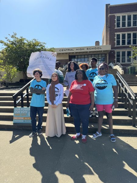 White Station High School students Samuel First (11), pictured on the far left, and Zahra Altareb (11), pictured second to left, are both members of the MICAH Youth Council. Both First and Altareb spoke at a press conference discussing the gun referendums that were found on the most recent election ballot.