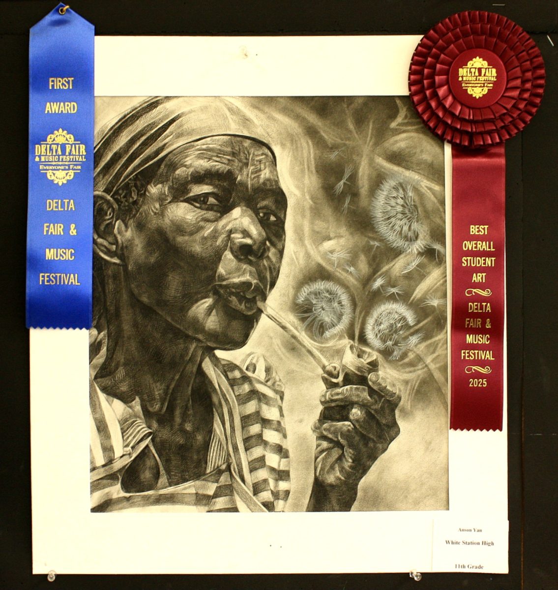 Anson Yan (11) depicts an elderly woman smoking a pipe that has dandelions blooming from it. Yan conveyed the idea of relaxation through the floral elements and the pipe, as he deemed both dandelions and tobacco as symbolic of composure.