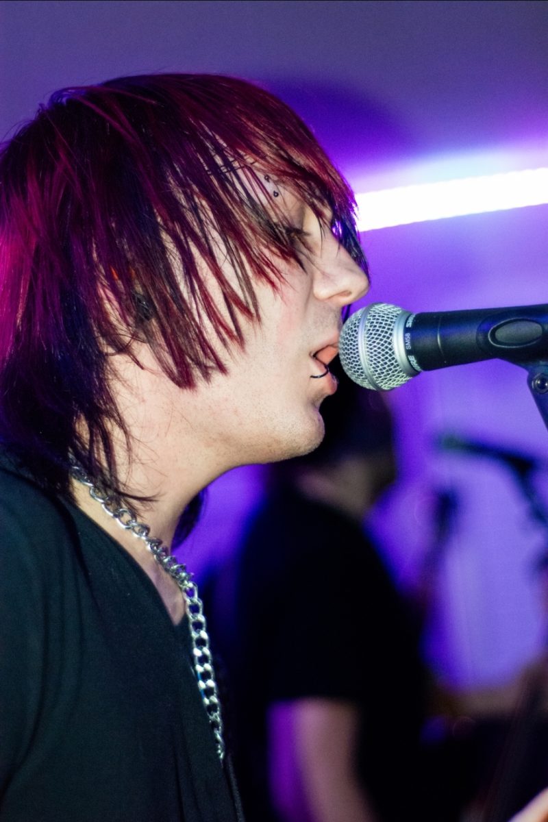 Pink and purple strands of hair frame the face of ¡El Chavos! lead singer, Luki. She has inspired queer fans to feel more comfortable with themselves through being out and proud.