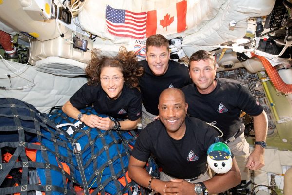 (Left to right) Artemis II astronauts Christina Koch, Jeremy Hansen, Victor Glover and Reid Wiseman float inside their spacecraft. The astronauts spent a little under 10 days in space. 