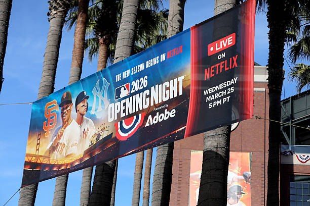 Netflix branding is visible during the MLB Opening Night game between the Yankees and the Giants. The matchup took place on March 25, 2026, in San Francisco, California.