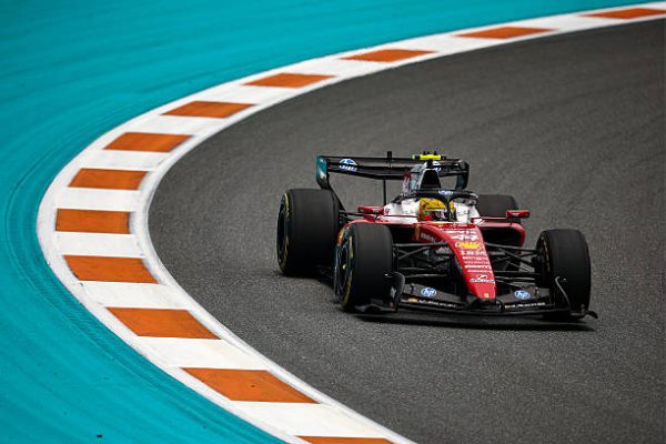 Lewis Hamilton pilots his No. 44 Scuderia Ferrari SF-26 through the turns of the Miami International Autodrome. The British driver participated in the Formula One (F1) Grand Prix of Miami on May 3, 2026.